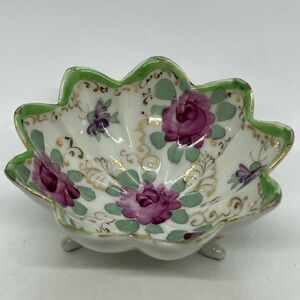 3 Footed Scalloped Bowl with Green Trim, Mauve Roses, And Gold Accents Vintage